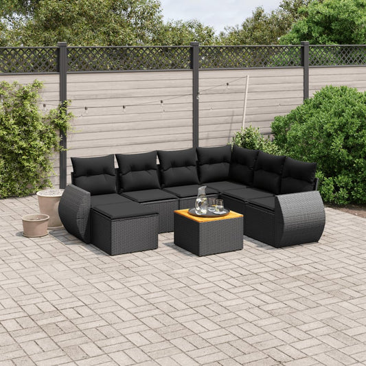 Salon de jardin 8 pcs avec coussins noir résine tressée