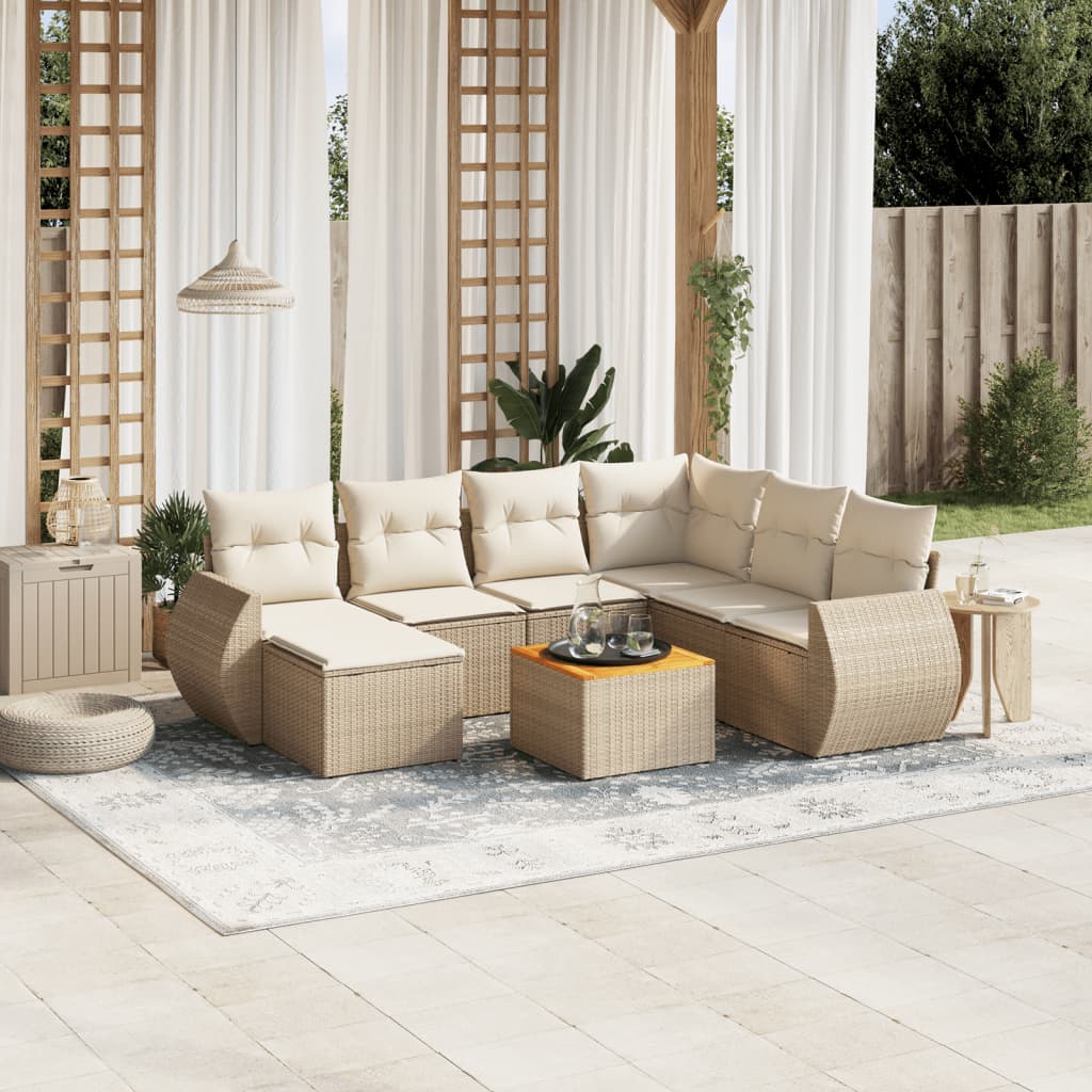 Salon de jardin avec coussins 8 pcs beige résine tressée