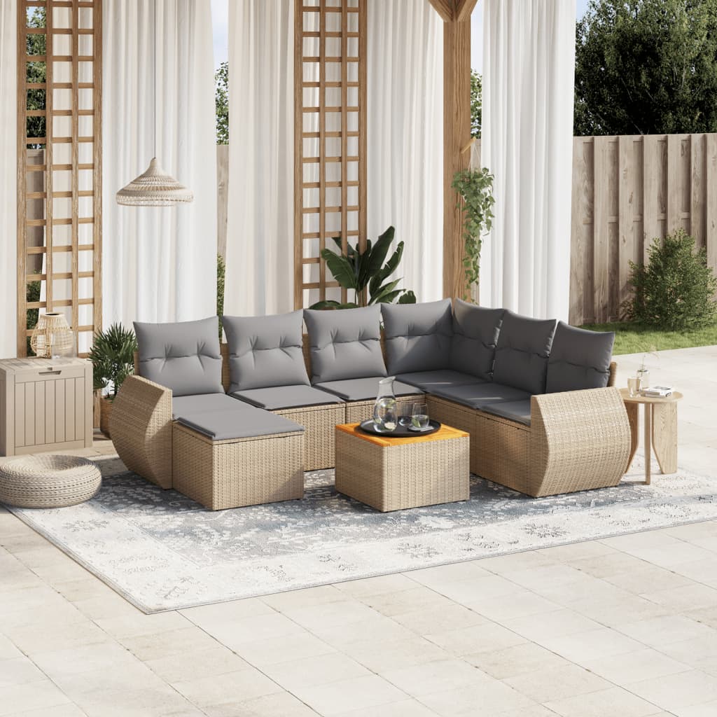 Salon de jardin avec coussins 8 pcs beige résine tressée