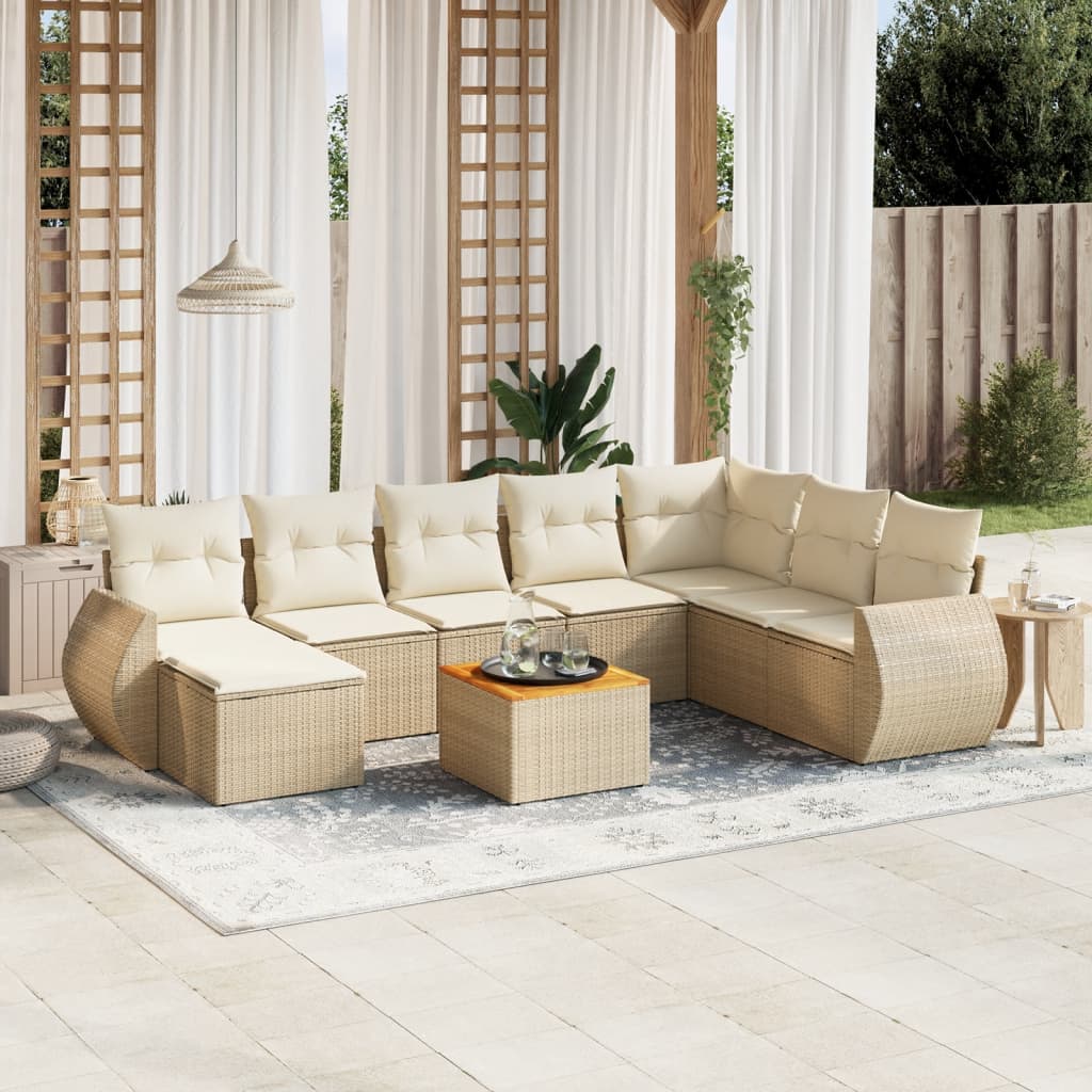 Salon de jardin avec coussins 9 pcs beige résine tressée