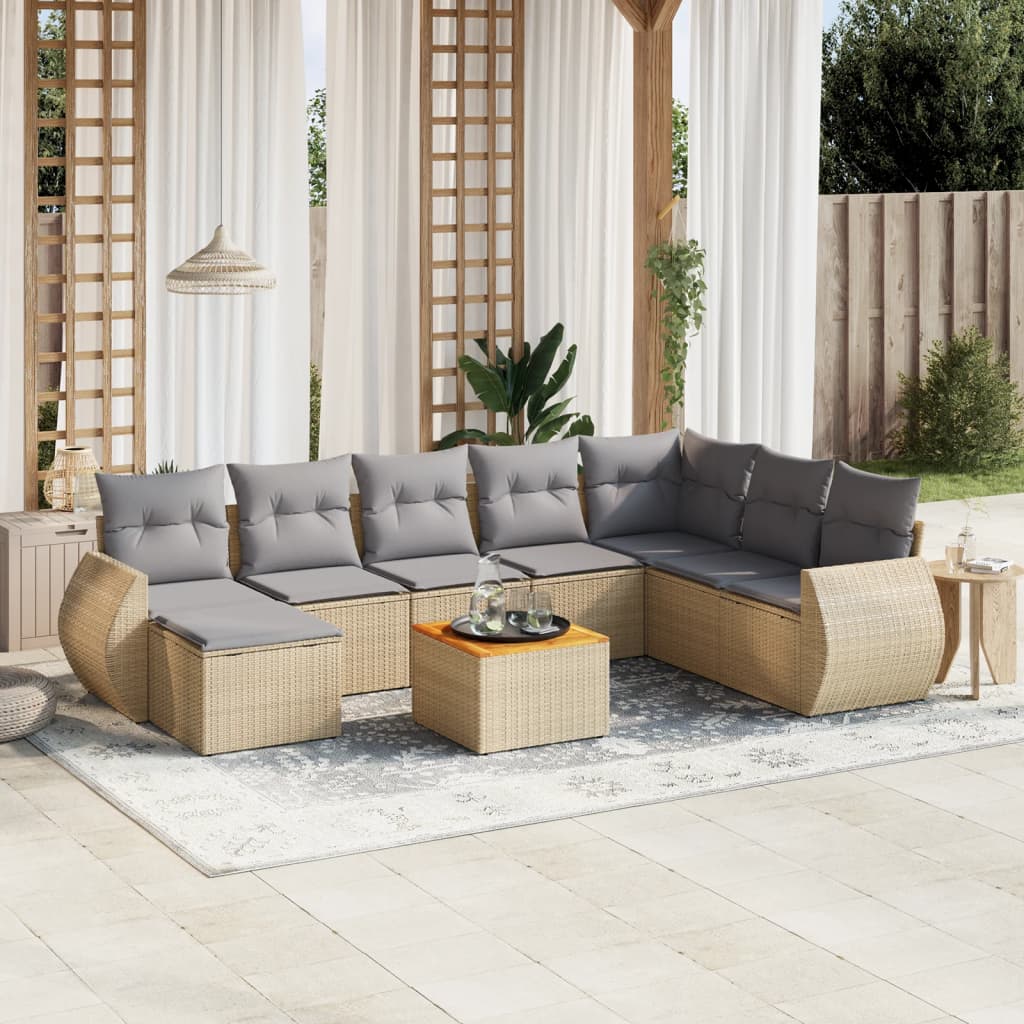 Salon de jardin avec coussins 9 pcs beige résine tressée