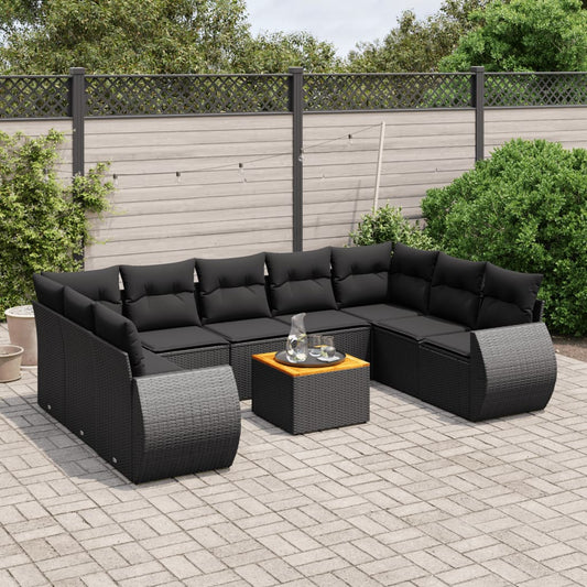 Salon de jardin 10 pcs avec coussins noir résine tressée