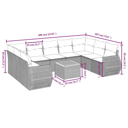 Salon de jardin avec coussins 10 pcs gris résine tressée