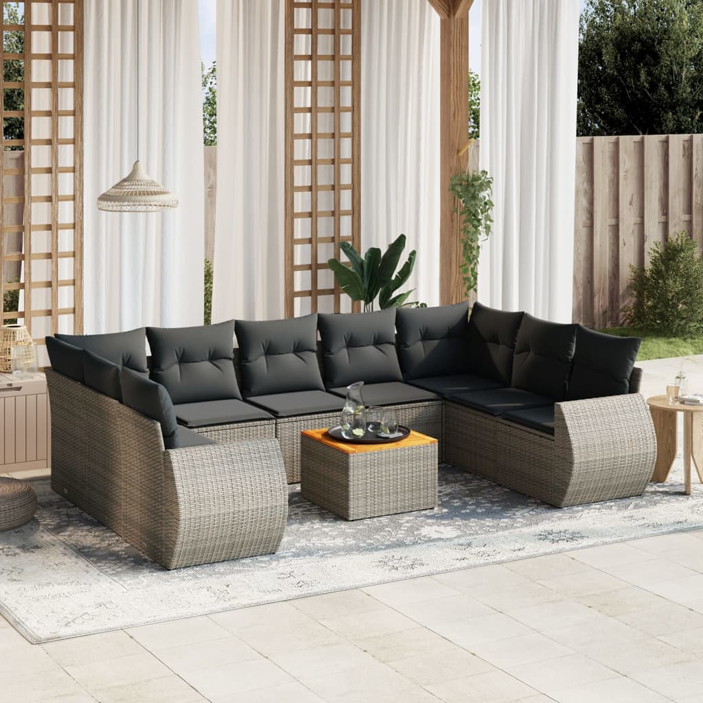 Salon de jardin avec coussins 10 pcs gris résine tressée