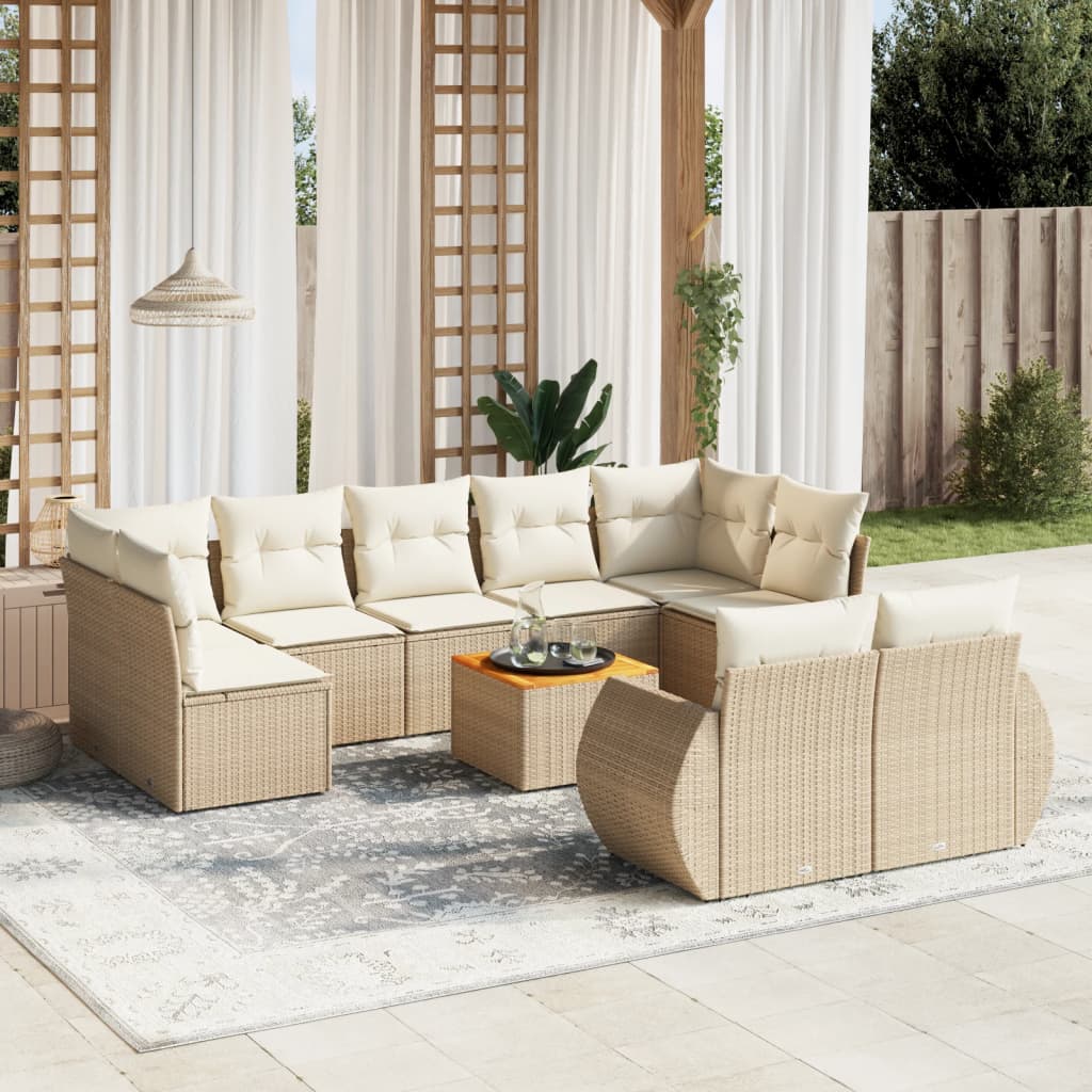 Salon de jardin avec coussins 10 pcs beige résine tressée