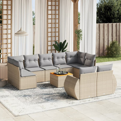 Salon de jardin avec coussins 10 pcs beige résine tressée