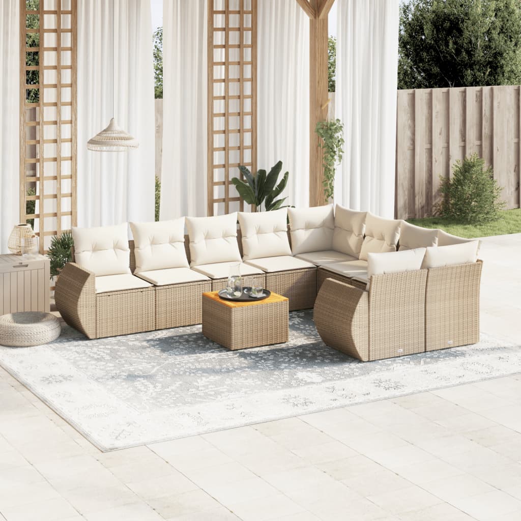 Salon de jardin avec coussins 10 pcs beige résine tressée