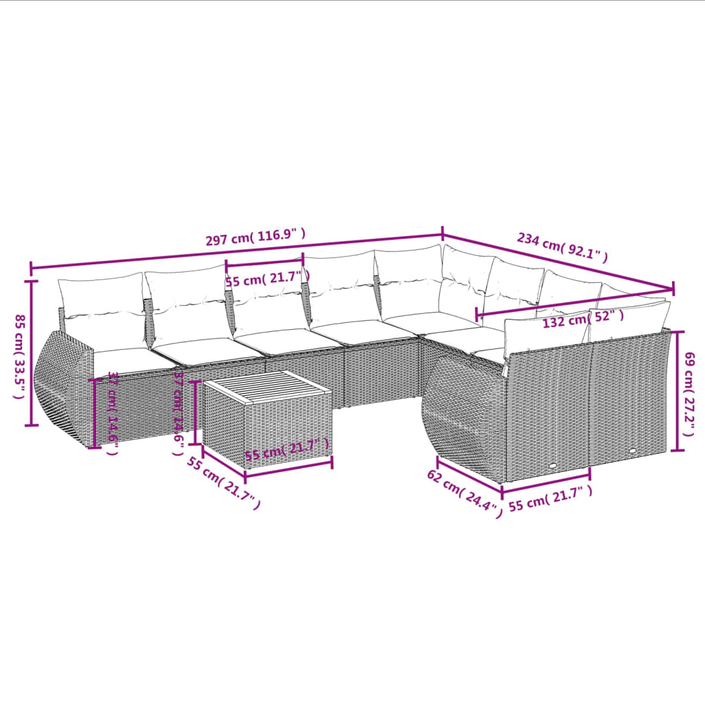 Salon de jardin avec coussins 10 pcs gris résine tressée