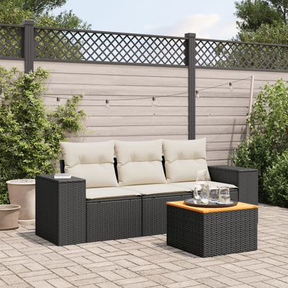 Salon de jardin 4 pcs avec coussins noir résine tressée