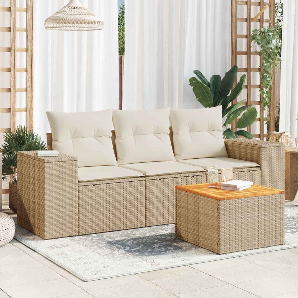 Salon de jardin avec coussins 4 pcs beige résine tressée