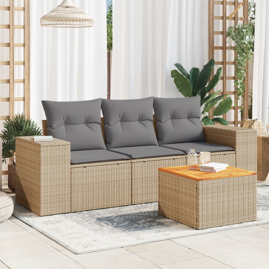 Salon de jardin avec coussins 4 pcs beige résine tressée