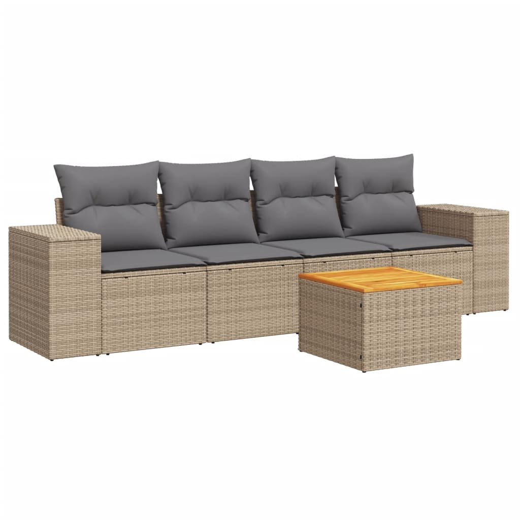 Salon de jardin avec coussins 5 pcs beige résine tressée