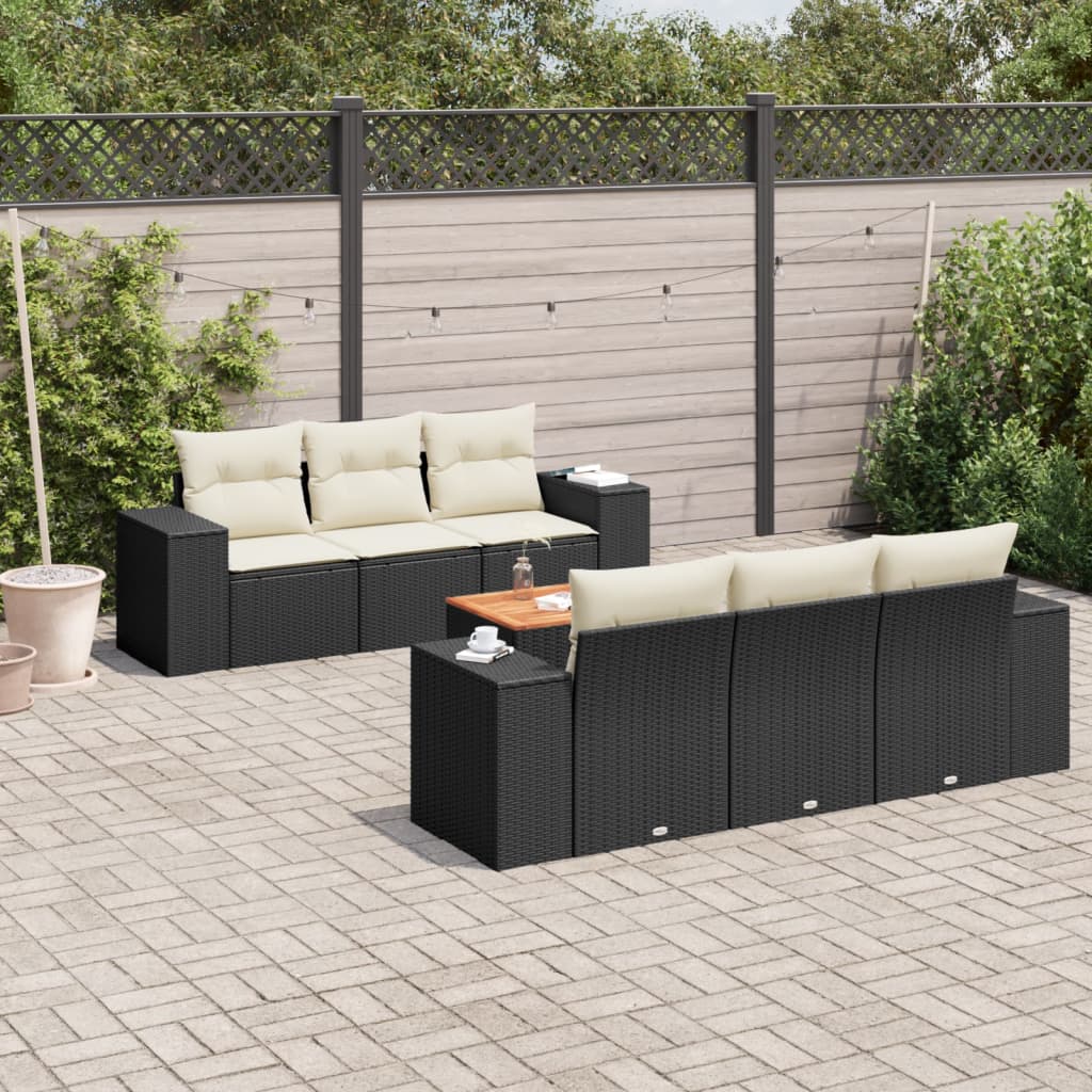 Salon de jardin 7 pcs avec coussins noir résine tressée