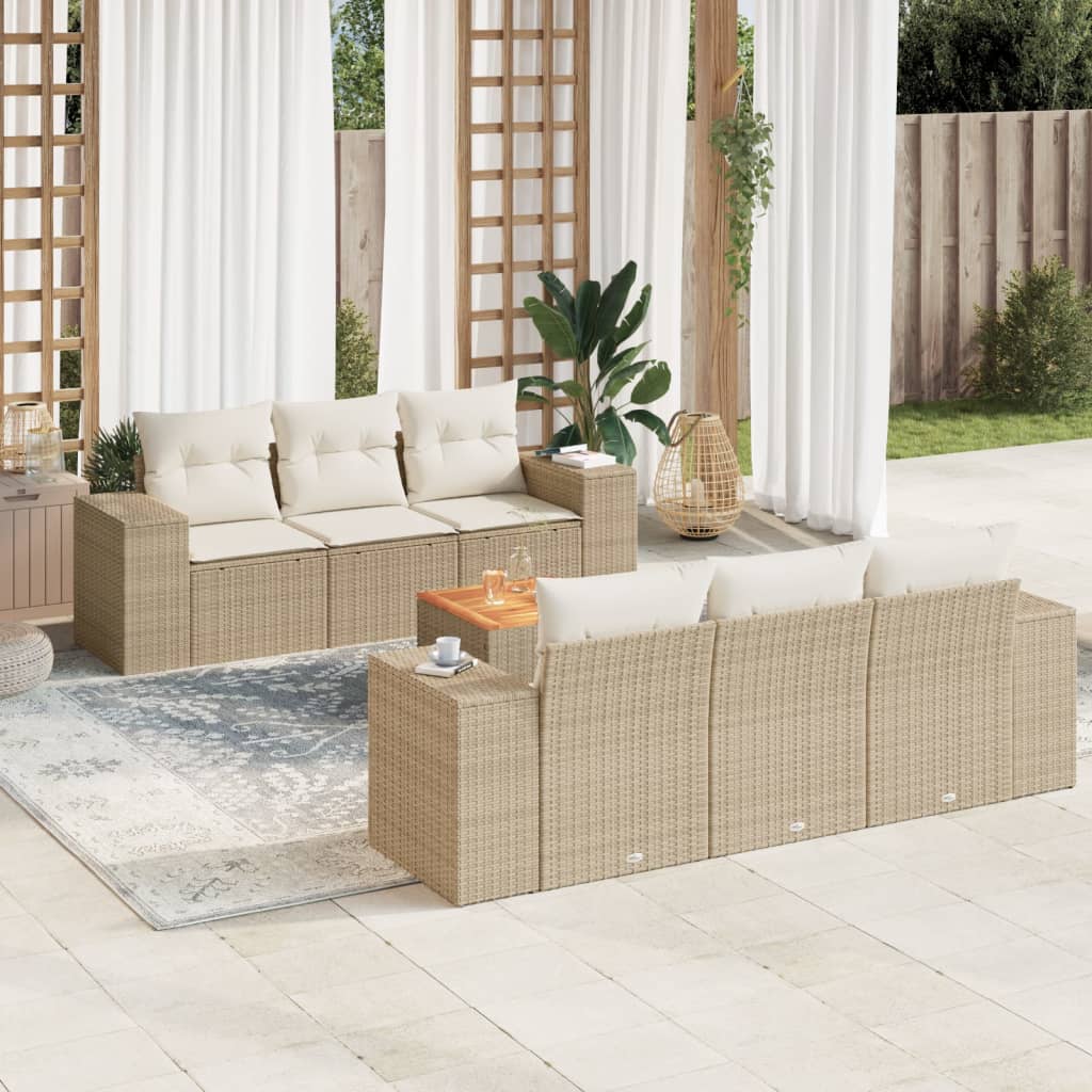 Salon de jardin avec coussins 7 pcs beige résine tressée