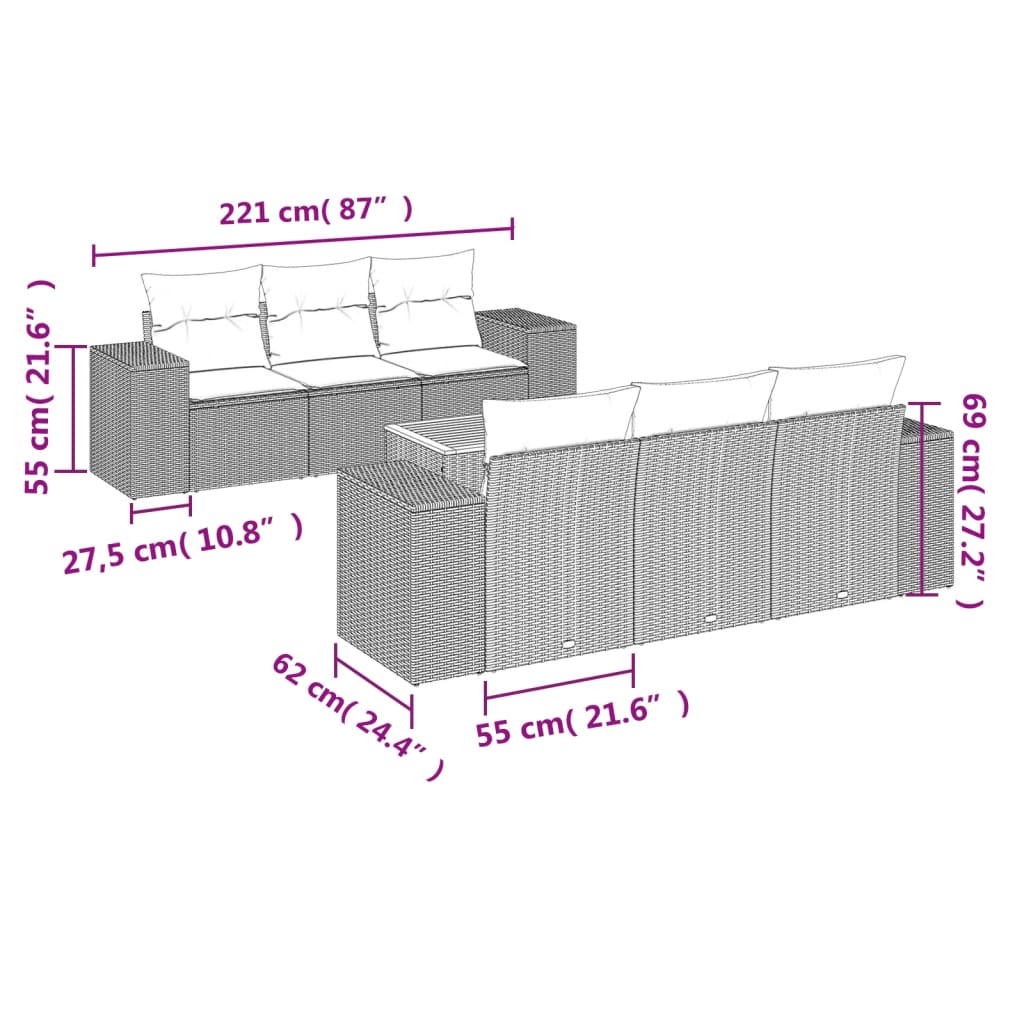 Salon de jardin avec coussins 7 pcs gris résine tressée