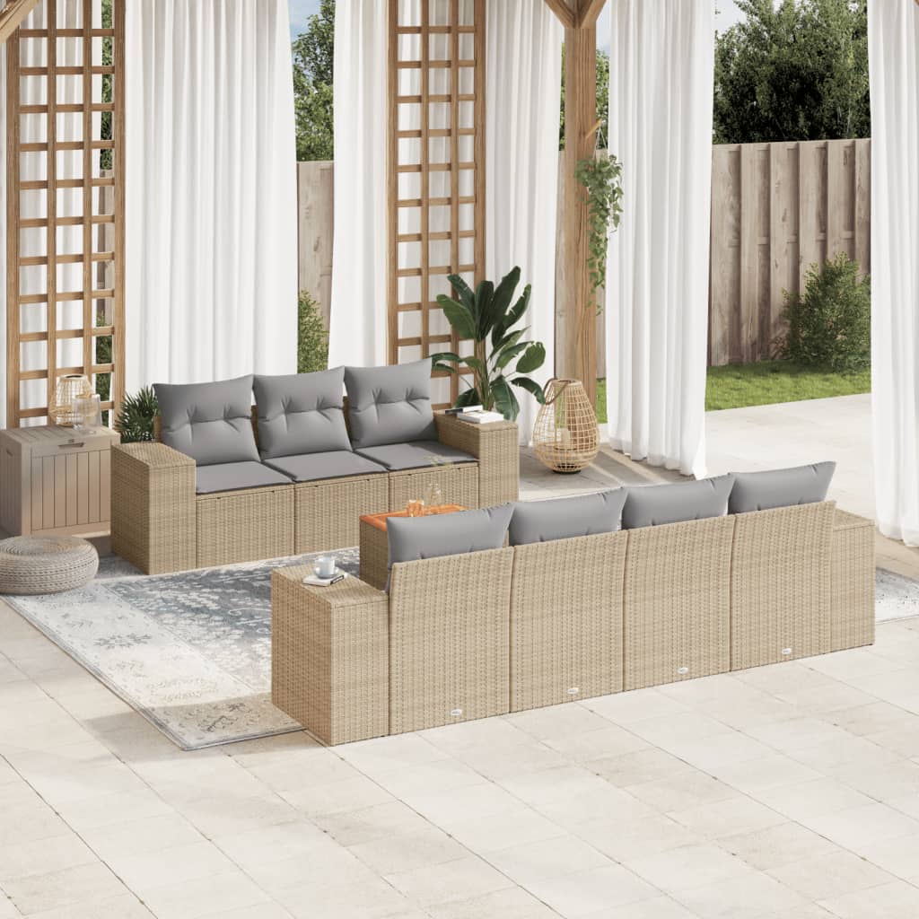 Salon de jardin avec coussins 8 pcs beige résine tressée