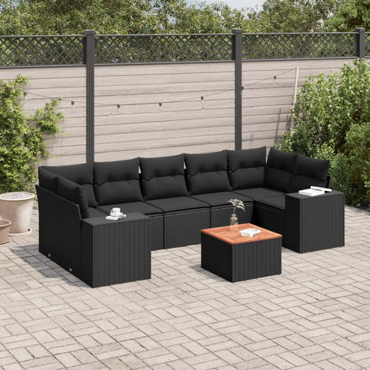 Salon de jardin 8 pcs avec coussins noir résine tressée