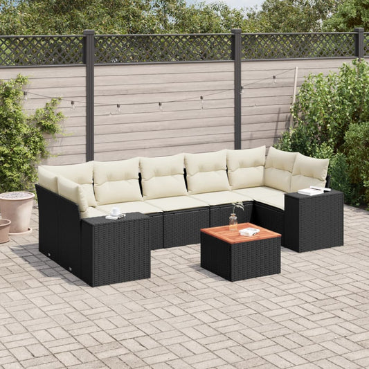 Salon de jardin 8 pcs avec coussins noir résine tressée