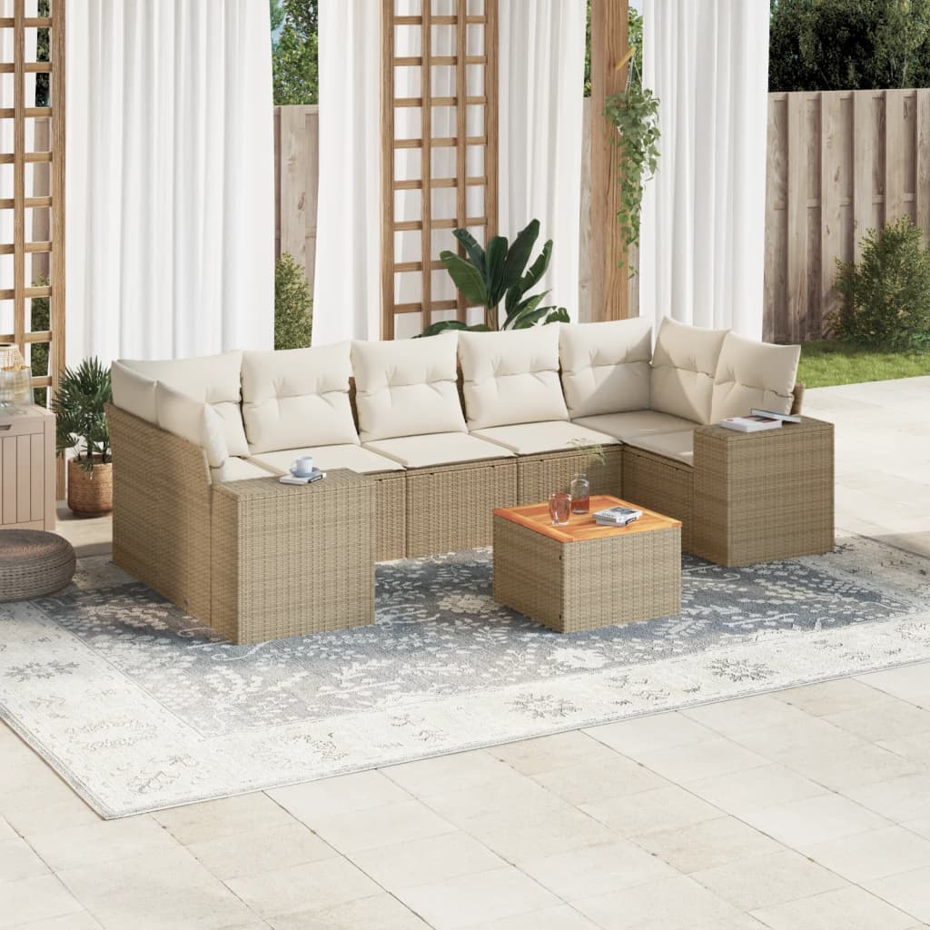 Salon de jardin avec coussins 8 pcs beige résine tressée