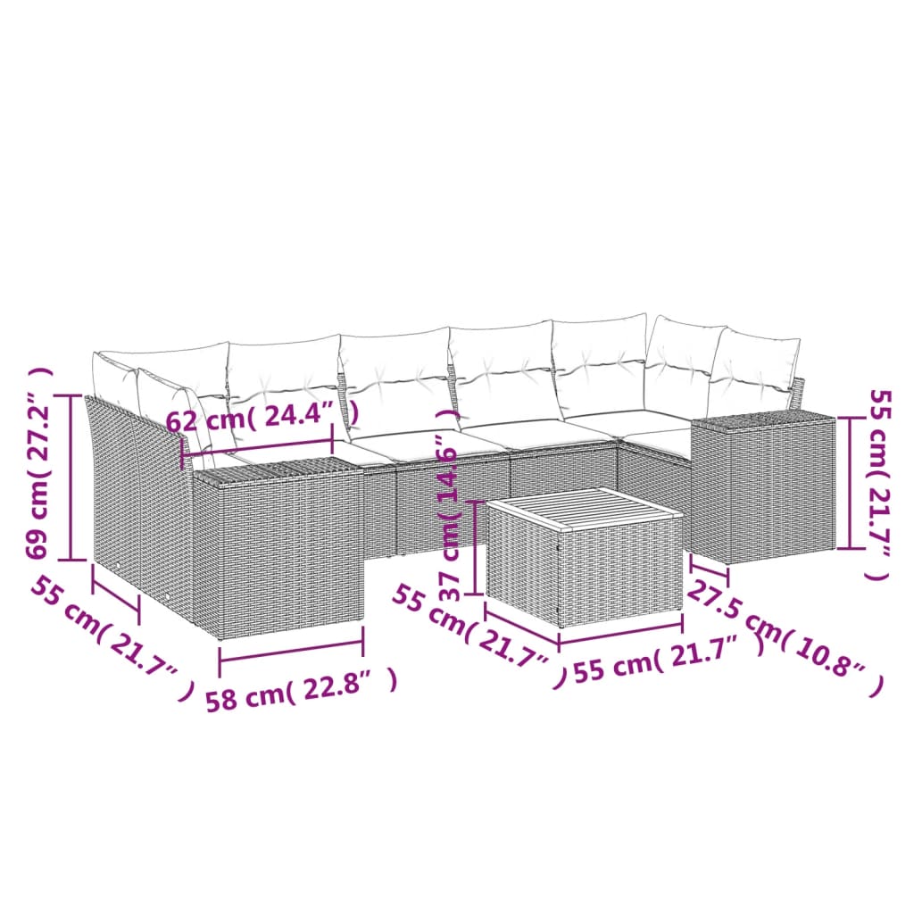 Salon de jardin avec coussins 8 pcs beige résine tressée