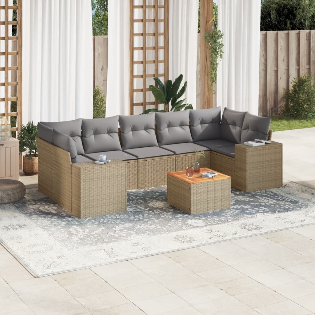 Salon de jardin avec coussins 8 pcs beige résine tressée