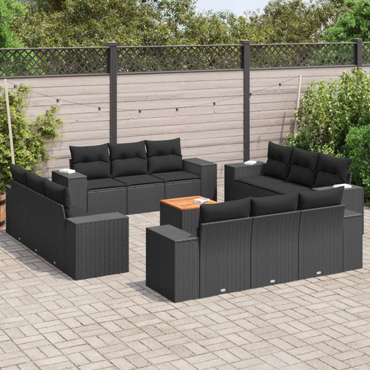 Salon de jardin avec coussins 13 pcs noir résine tressée