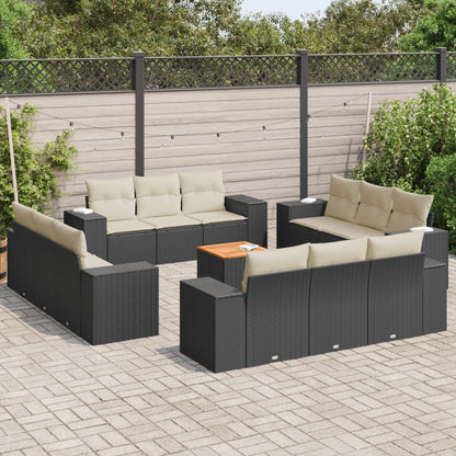 Salon de jardin avec coussins 13 pcs noir résine tressée