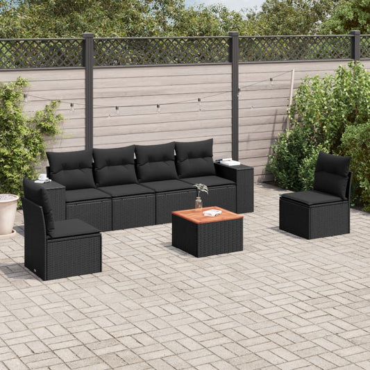 Salon de jardin 7 pcs avec coussins noir résine tressée