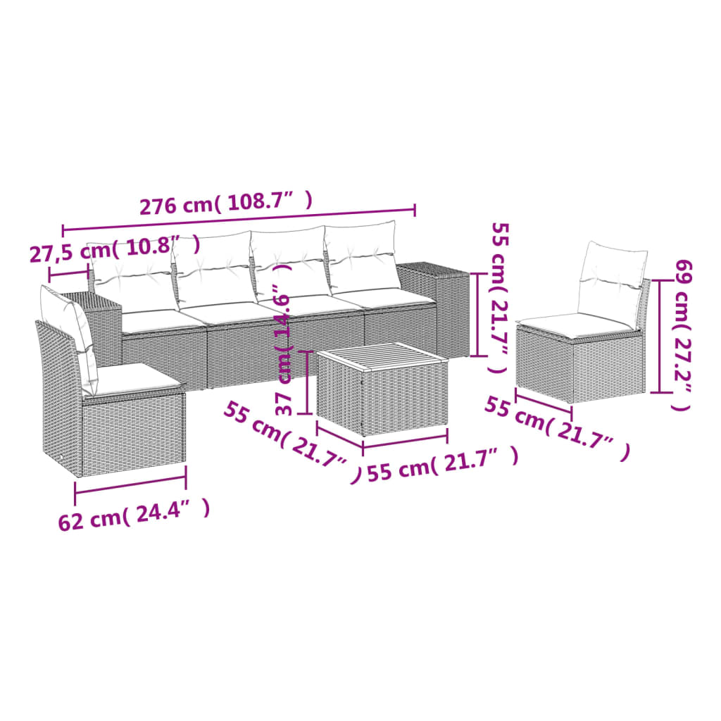 Salon de jardin avec coussins 7 pcs gris résine tressée