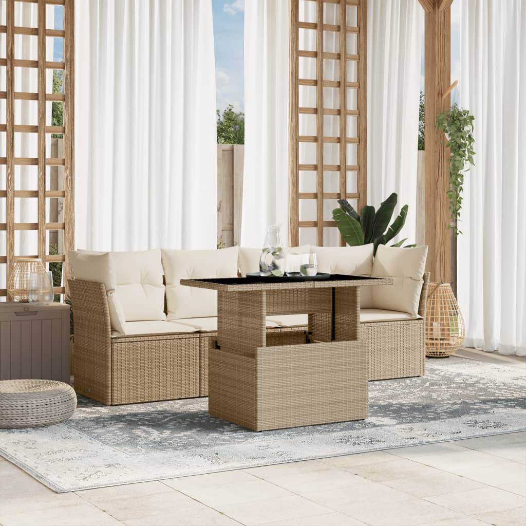 Salon de jardin avec coussins 5 pcs beige résine tressée