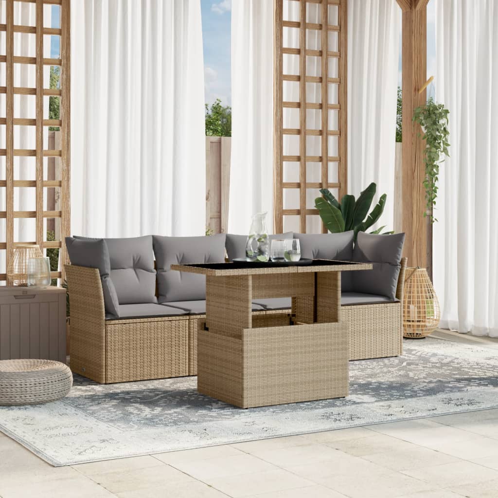 Salon de jardin avec coussins 5 pcs beige résine tressée