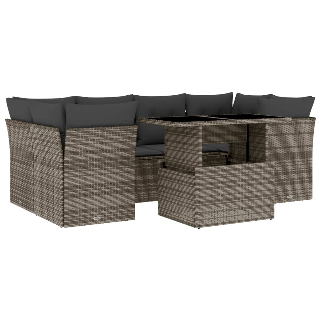 Salon de jardin avec coussins 7 pcs gris résine tressée