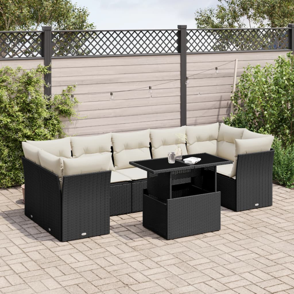 Salon de jardin 8 pcs avec coussins noir résine tressée