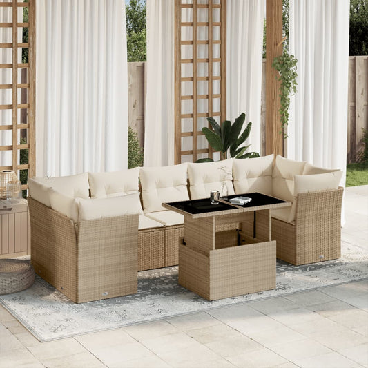 Salon de jardin avec coussins 8 pcs beige résine tressée