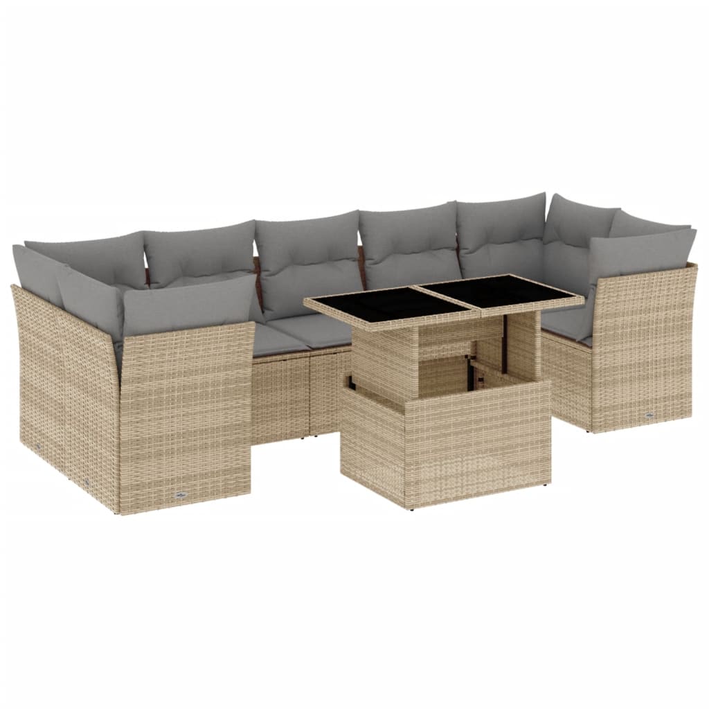 Salon de jardin avec coussins 8 pcs beige résine tressée