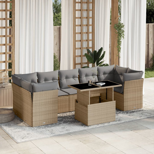 Salon de jardin avec coussins 8 pcs beige résine tressée