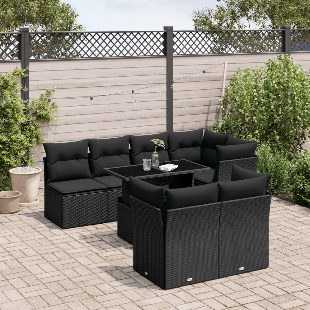 Salon de jardin 8 pcs avec coussins noir résine tressée