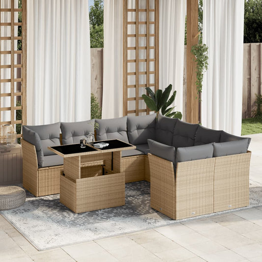 Salon de jardin avec coussins 9 pcs beige résine tressée