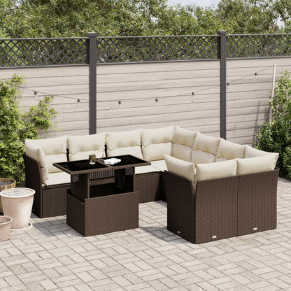 Salon de jardin avec coussins 9 pcs marron résine tressée