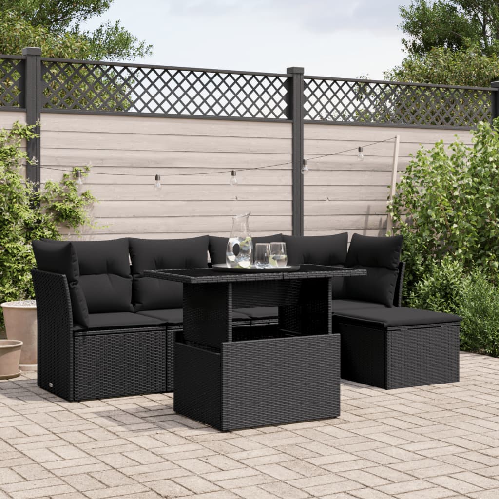 Salon de jardin 6 pcs avec coussins noir résine tressée