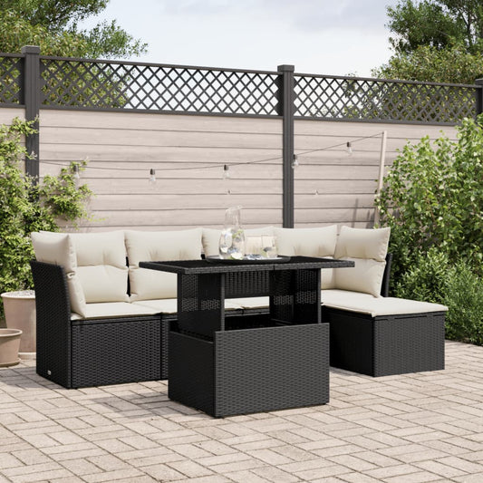 Salon de jardin 6 pcs avec coussins noir résine tressée