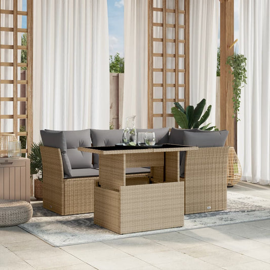 Salon de jardin avec coussins 5 pcs beige résine tressée