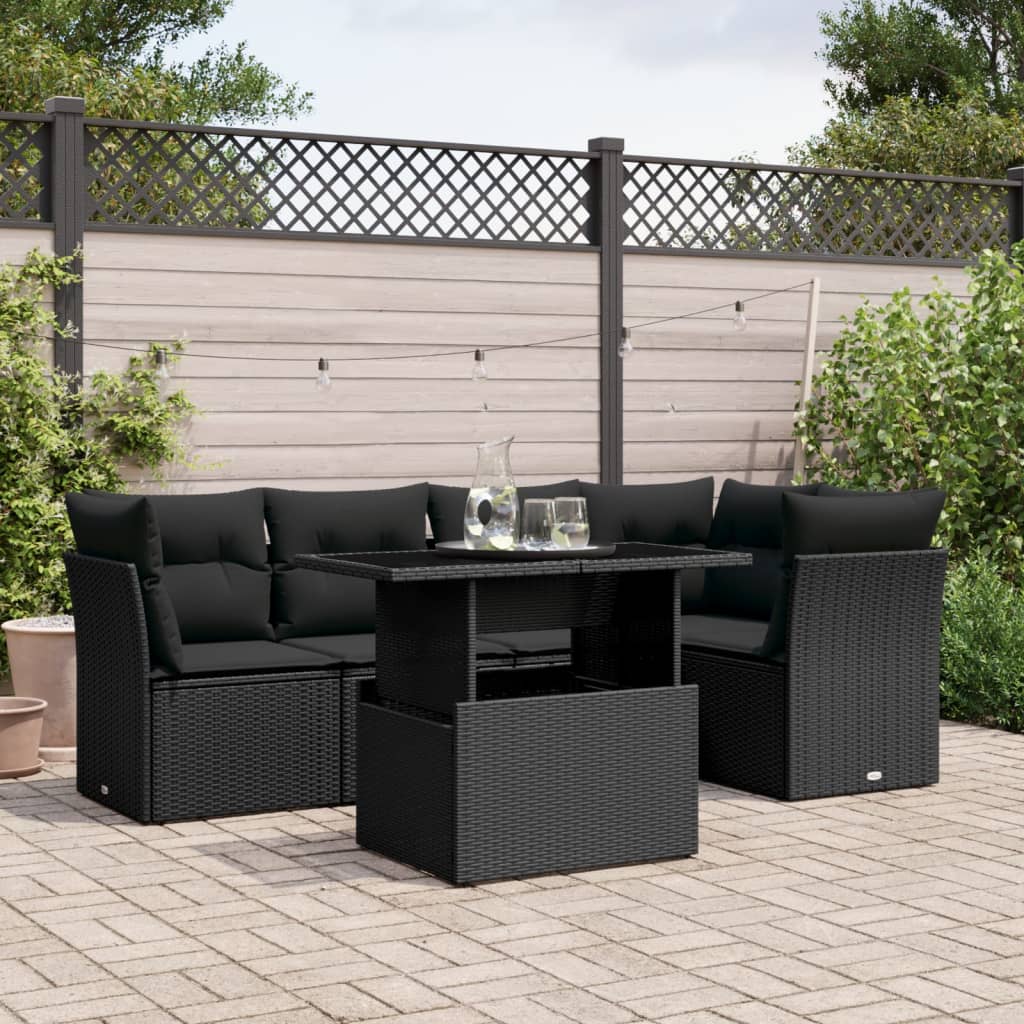 Salon de jardin 6 pcs avec coussins noir résine tressée