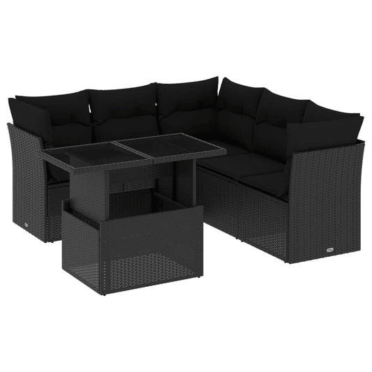 Salon de jardin 6 pcs avec coussins noir résine tressée