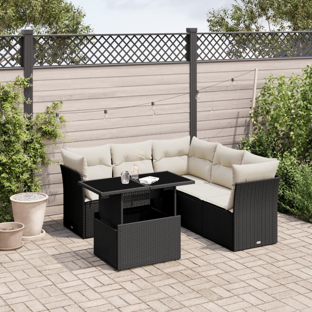 Salon de jardin 6 pcs avec coussins noir résine tressée