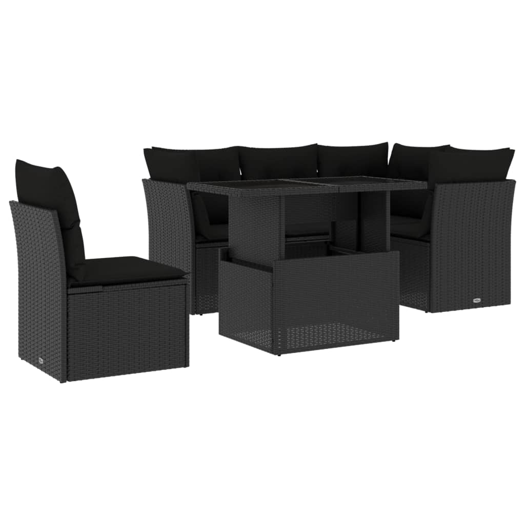 Salon de jardin 6 pcs avec coussins noir résine tressée