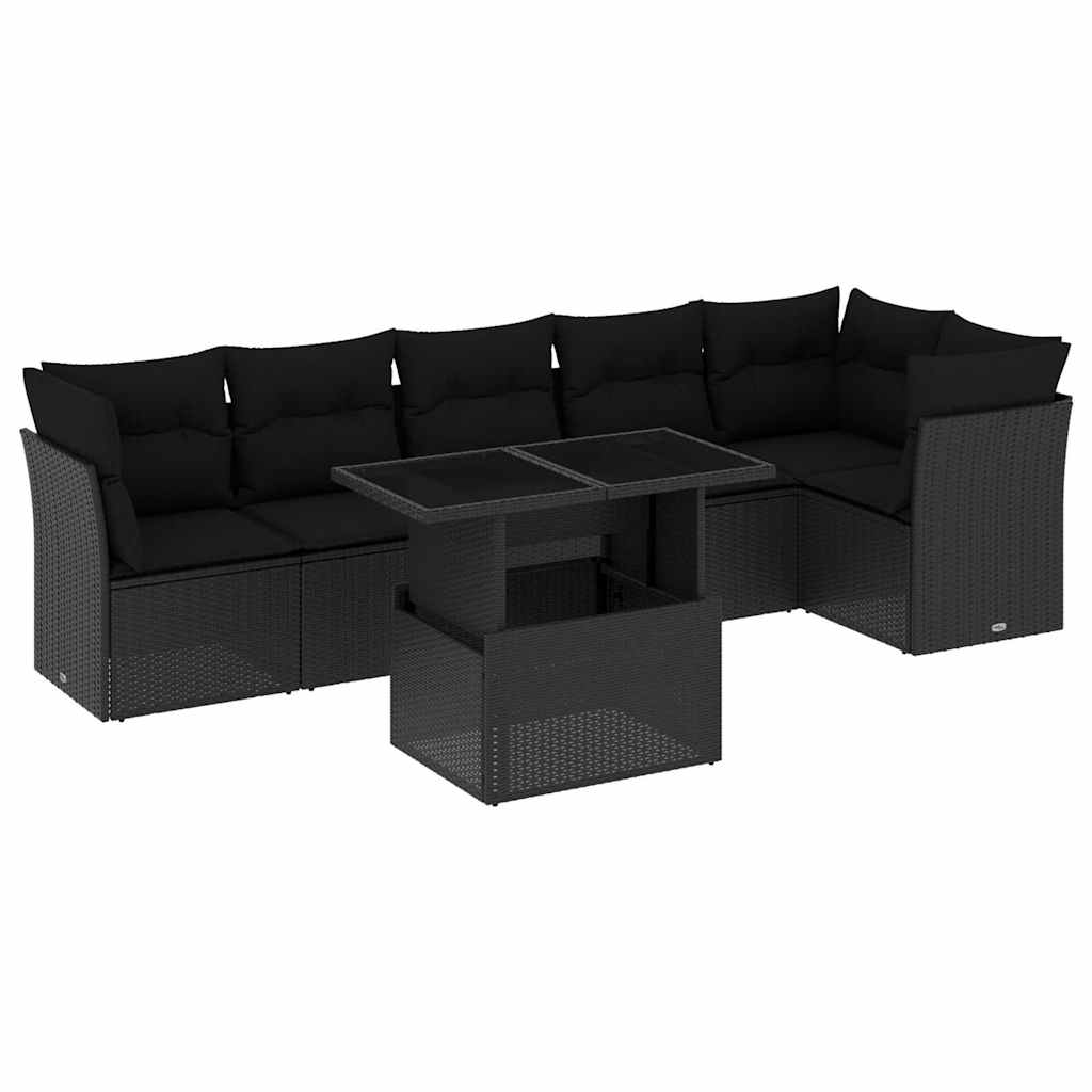 Salon de jardin 7 pcs avec coussins noir résine tressée