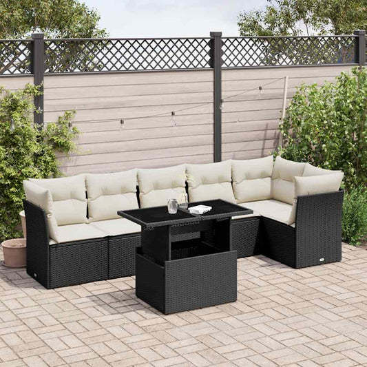 Salon de jardin 7 pcs avec coussins noir résine tressée