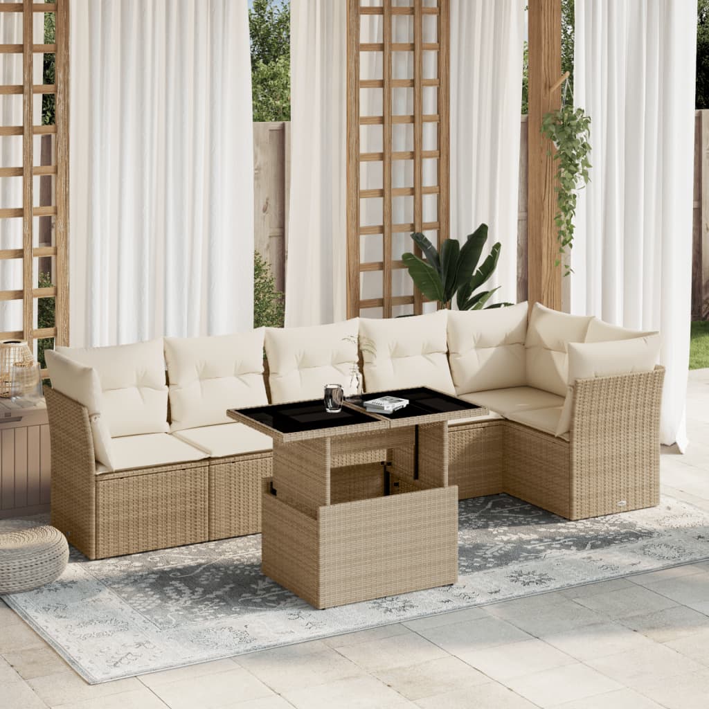 Salon de jardin avec coussins 7 pcs beige résine tressée