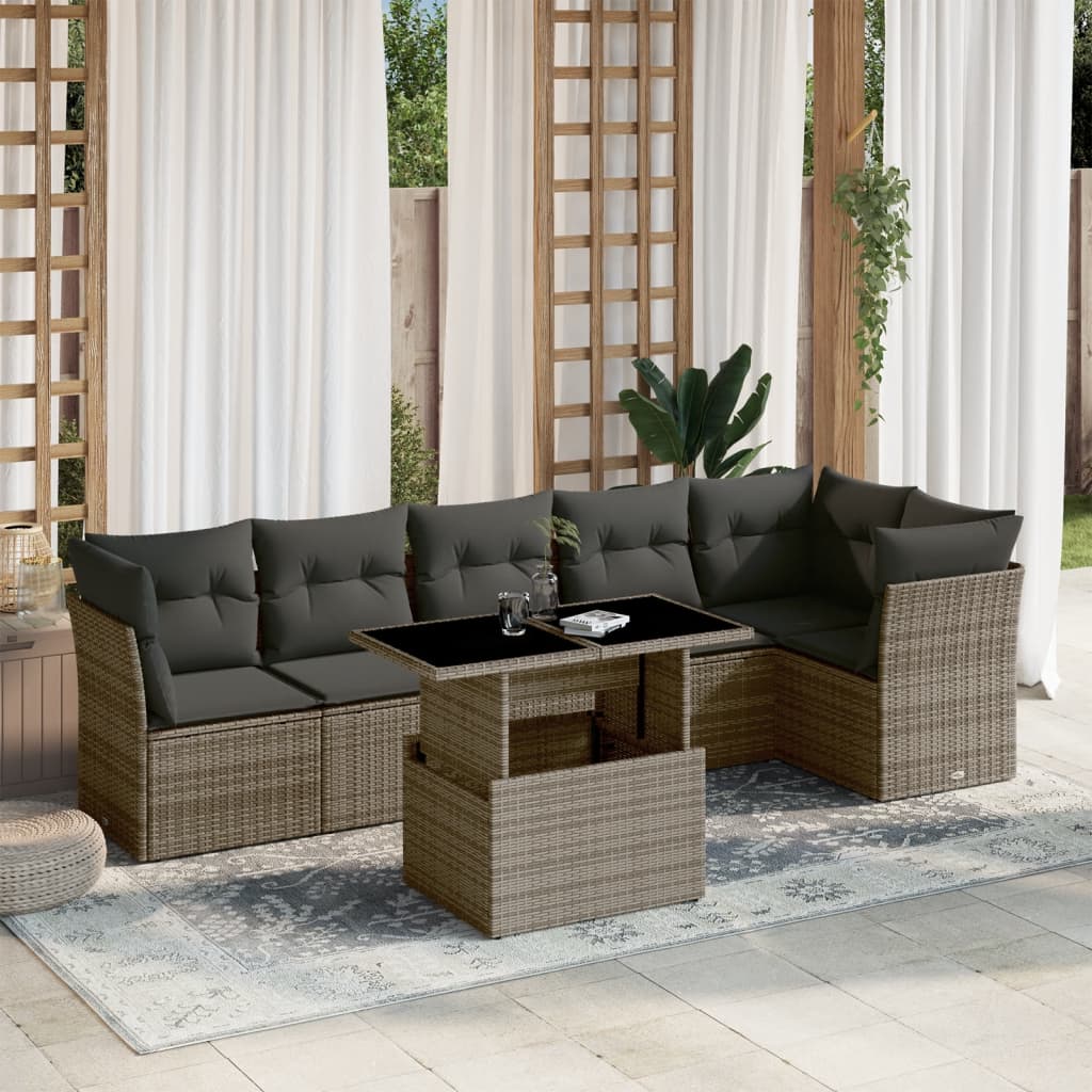 Salon de jardin avec coussins 7 pcs gris résine tressée